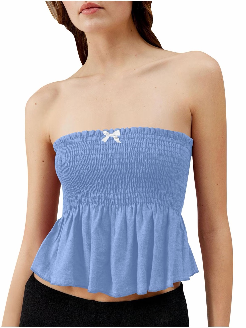 Urban Renewal Blue Smocked Tube Top with White Bow Detail